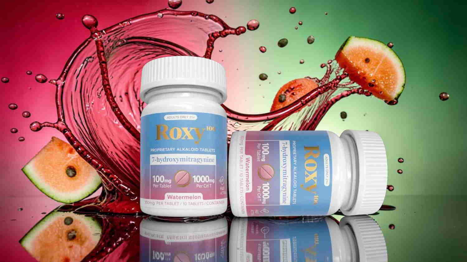 Two bottles of dietary supplement with watermelon splashes in background.