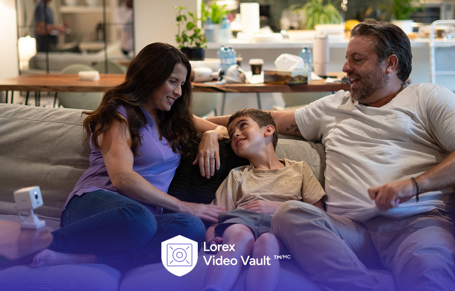 Family at home with Lorex Video Vault logo, representing secure cloud storage for camera recordings.