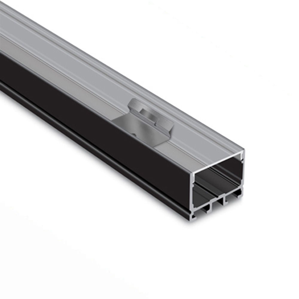 Aluminum extrusion profile with a transparent cover and black base.