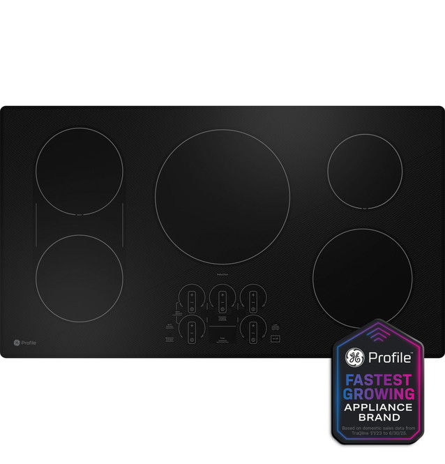 Black electric cooktop with multiple burners and control panel.