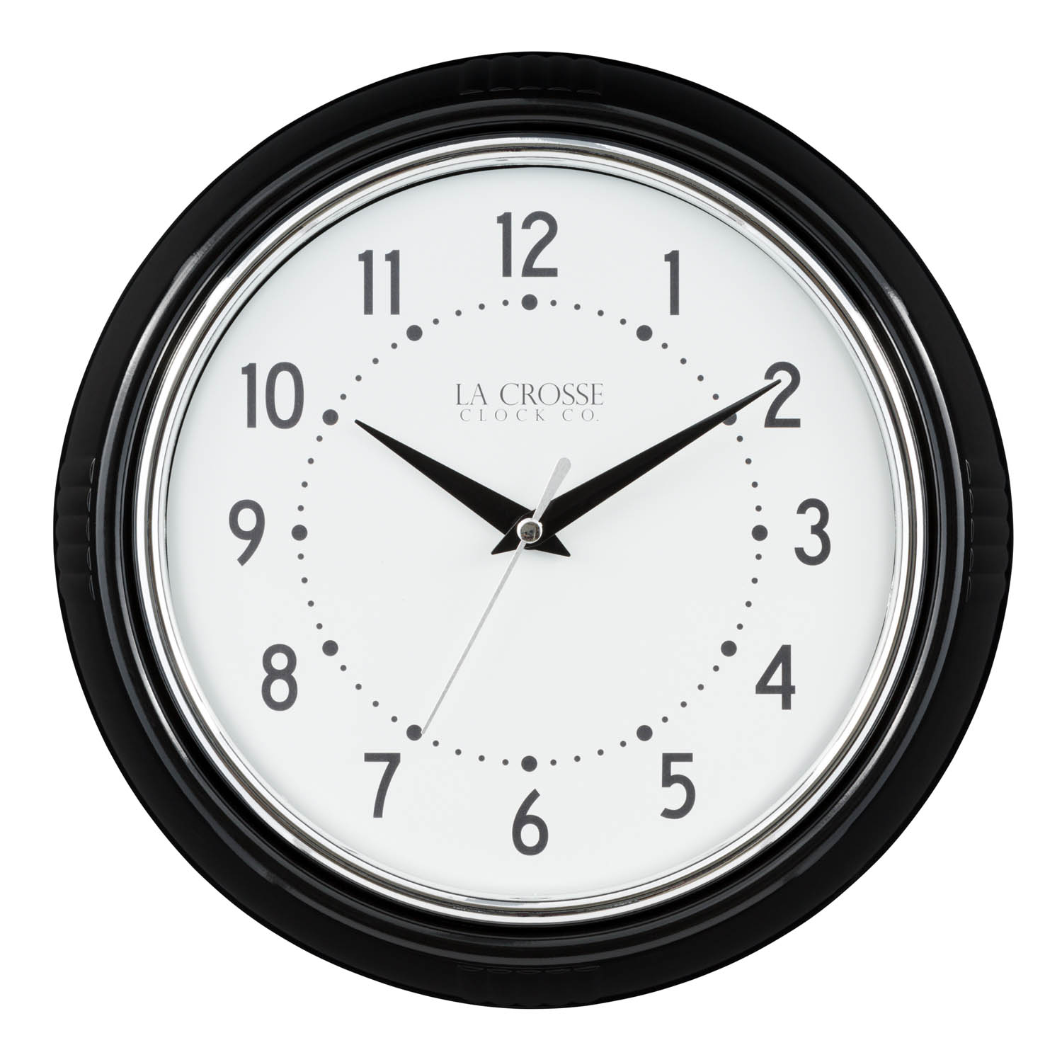 404-3624B Diner Wall clock hanging on a wall with with oven mitts and a wooden spoon hanging nearby.
