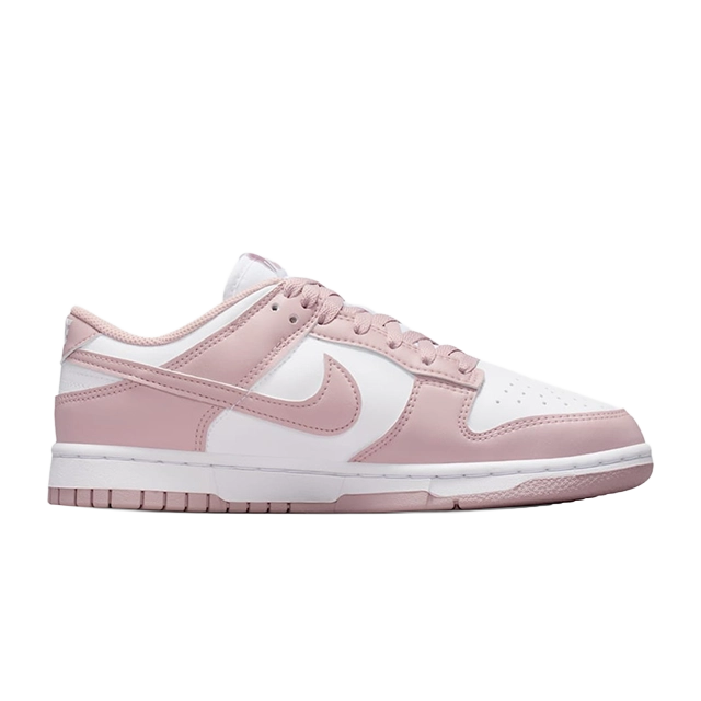 Pink and white Nike Dunk sneakers on a plain background.