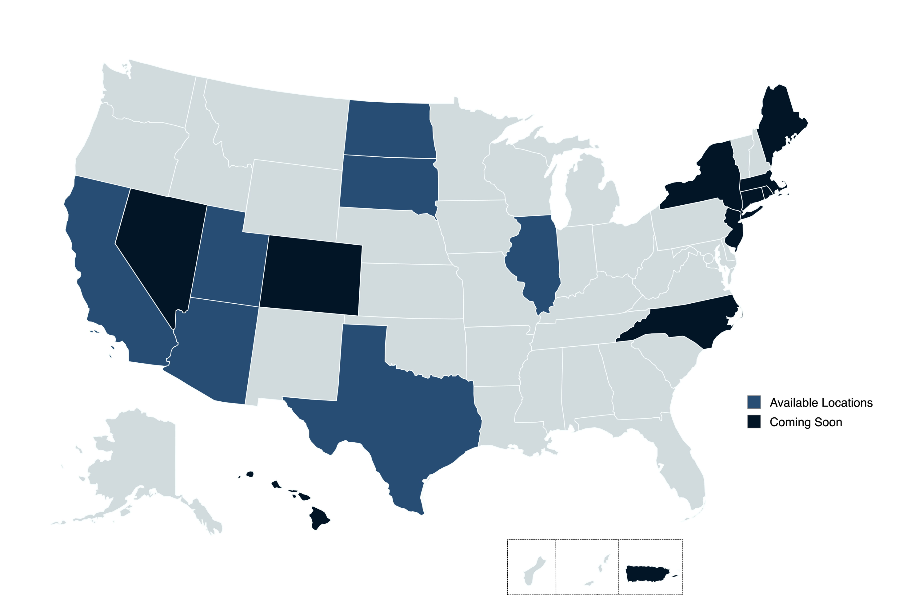 A map of the United States highlighting different states in varying shades for active and coming soon service area.