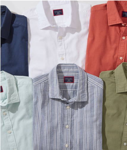 Collection of UNTUCKit Seersucker short sleeve shirts in various colors. 