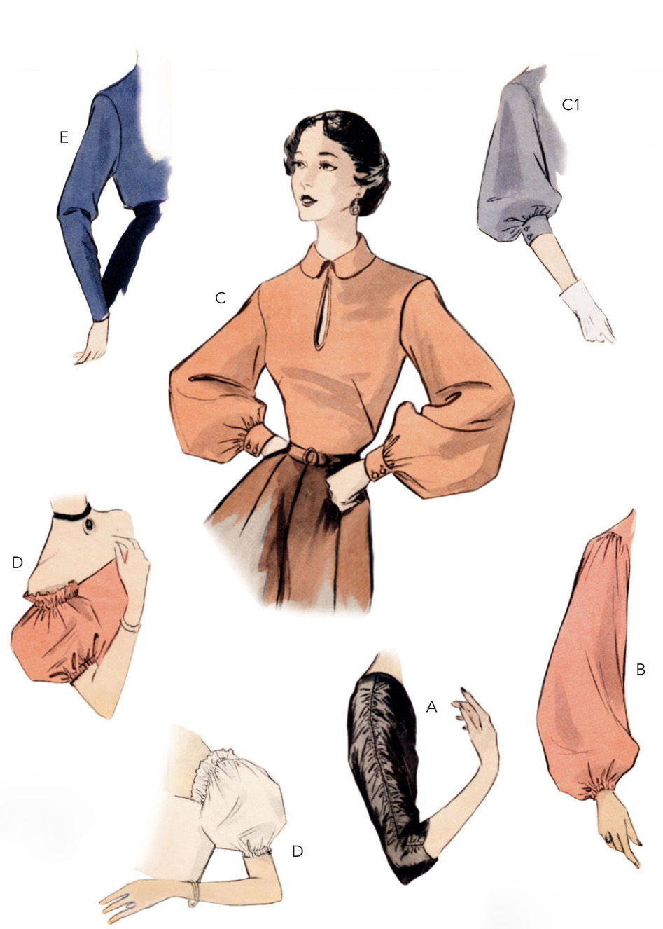 Fashion illustrations of various blouse designs and sleeves.