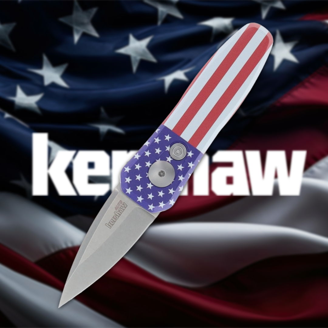 Knife with American flag design against a background of the U.S. flag.