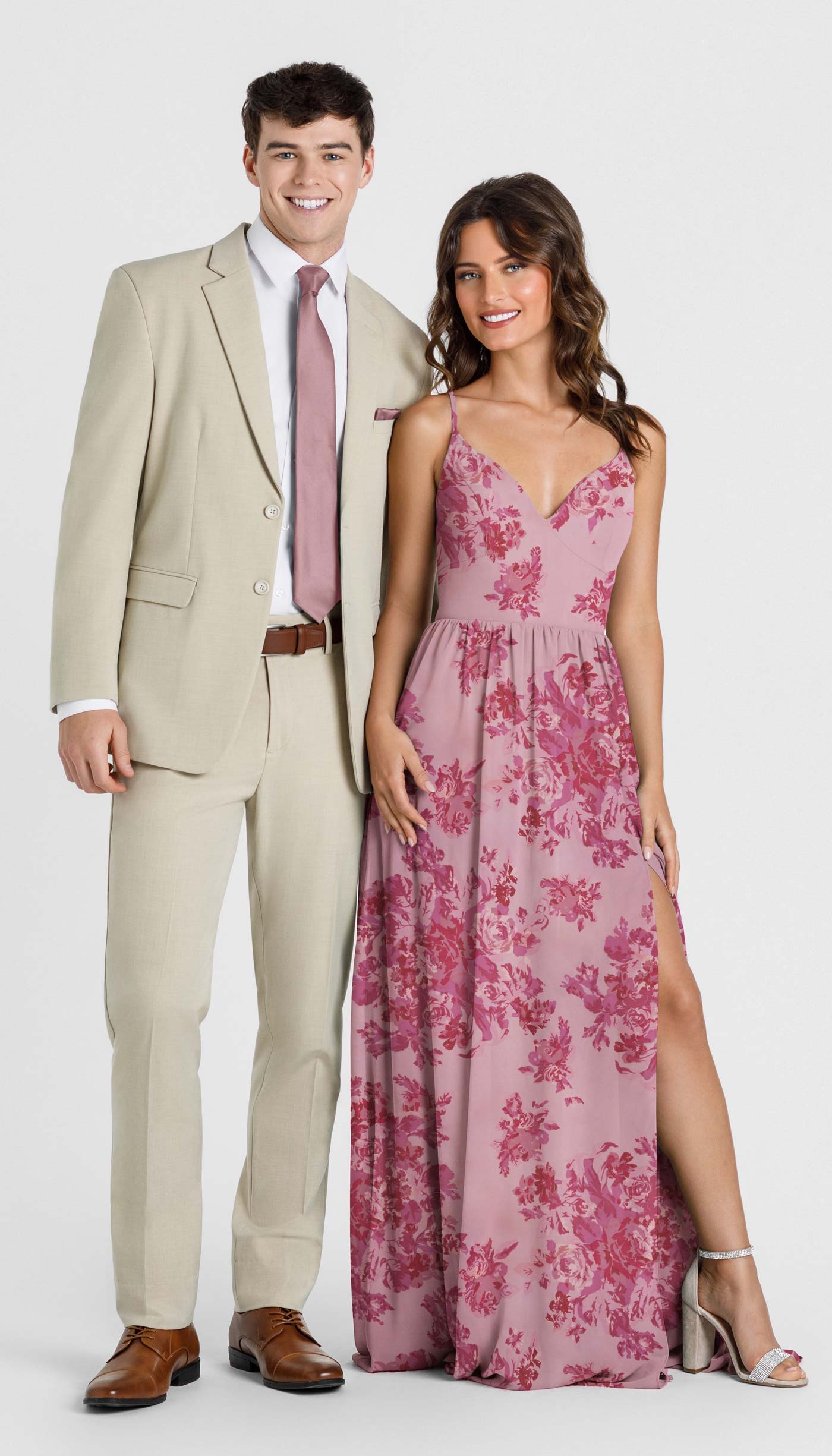 Tan Suit + Pink Floral Bridesmaid Dress