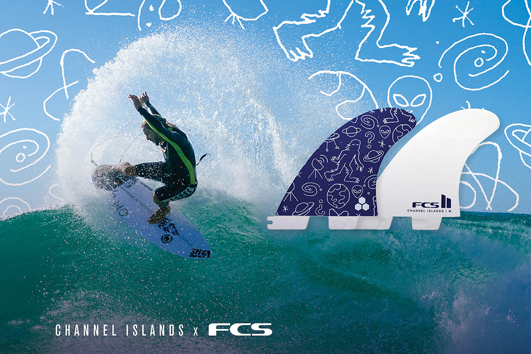 Surfer riding a wave with surfboard fins design in the background.