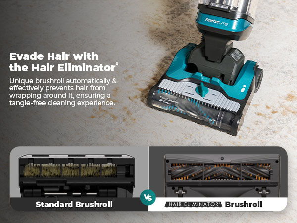 Vacuum cleaner comparison highlighting hair elimination technology and brush types.