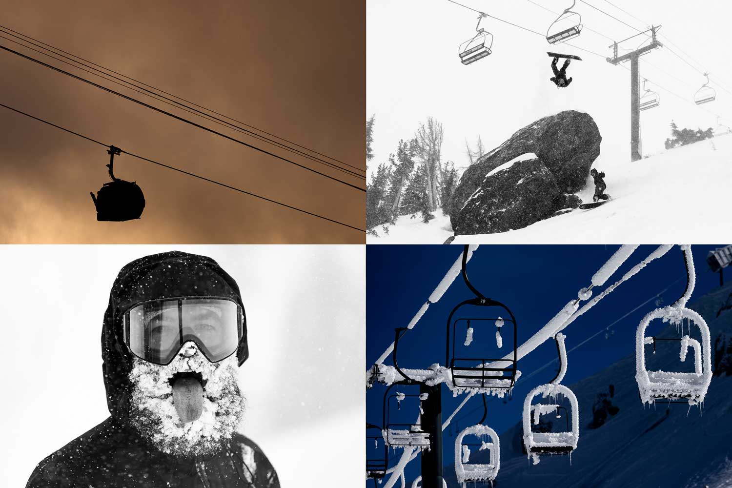 Collage of winter sports scenes including gondolas, snowboarder.