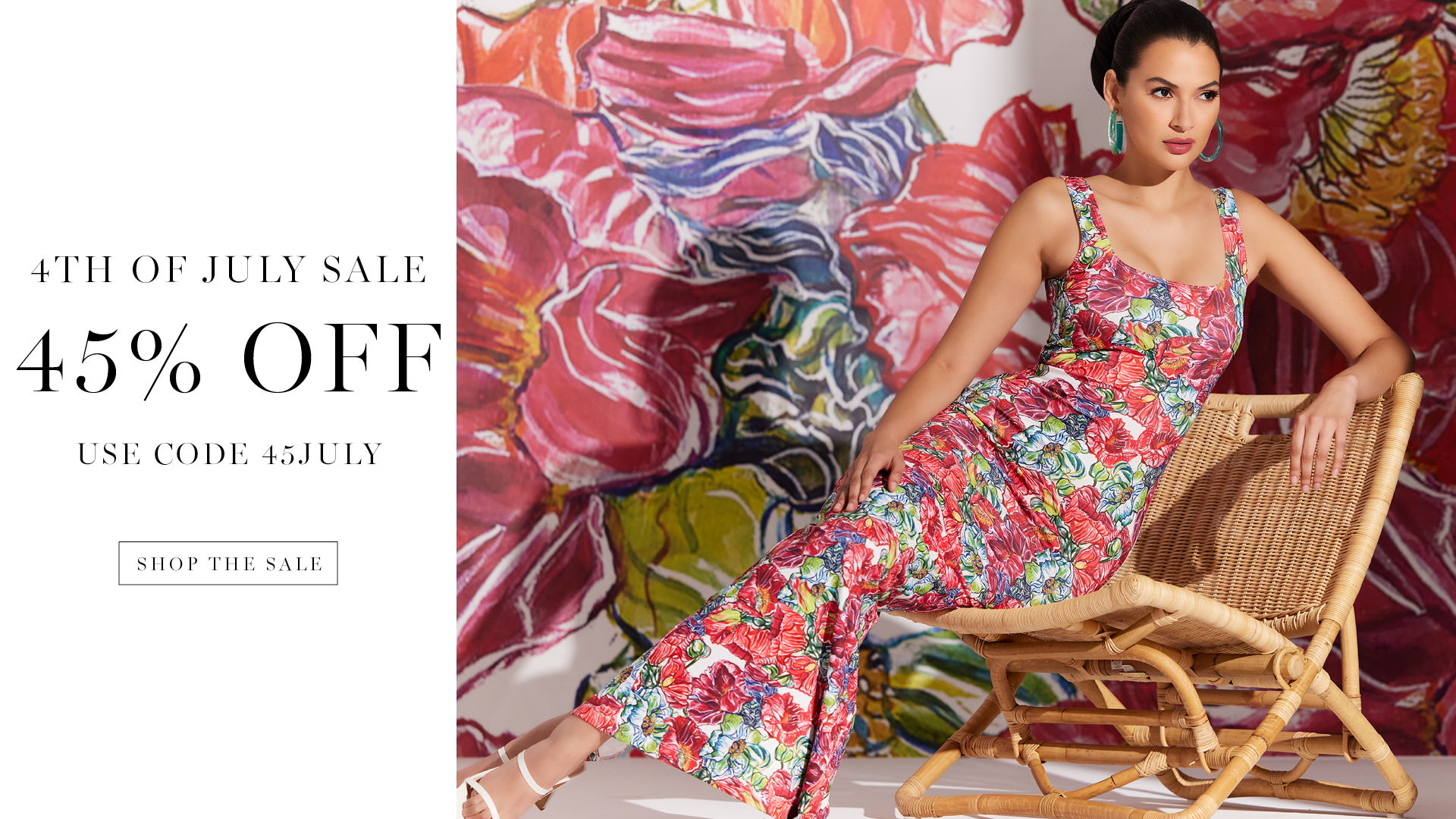Model in floral dress promoting July sale with discount.