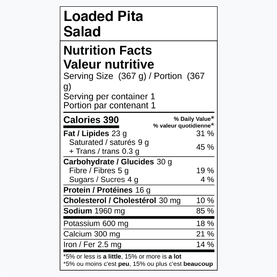 Nutrition facts for Loaded Pita Salad, including calories and various nutrients.