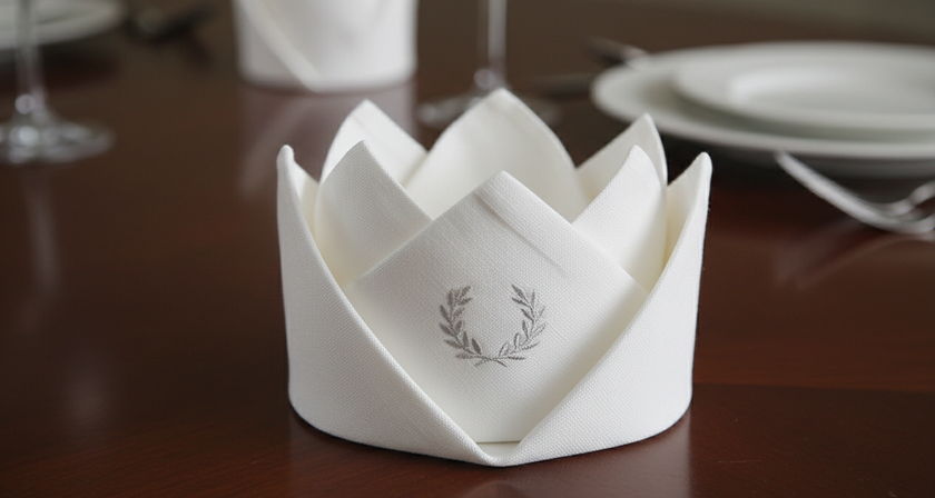 White linen napkin folded into a lotus shape with silver embroidered logo on a banquet table.