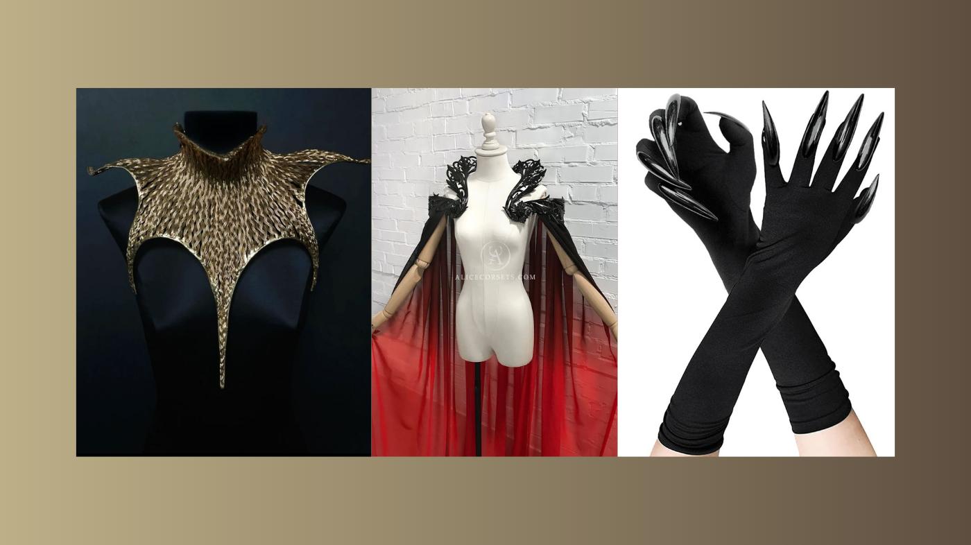 Different cosplay props and costume parts laid out for assembling a character outfit and styling details