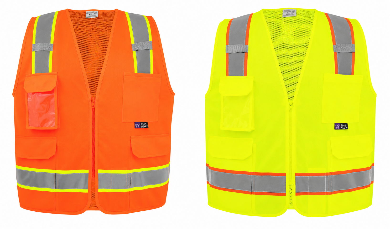 Two safety vests in orange and yellow with reflective stripes.