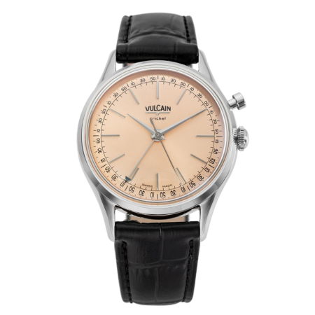 Silver watch with a light brown face and black leather strap.