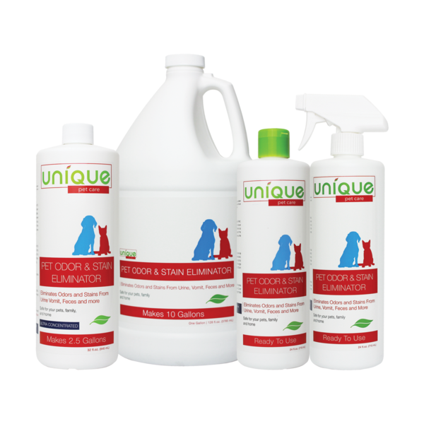 unique pet care pet odor and stain eliminator family of products available in ready to use and concentrated formulas