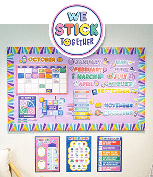 Colorful classroom decorated with We Stick Together Calendar Bulletin Board Set