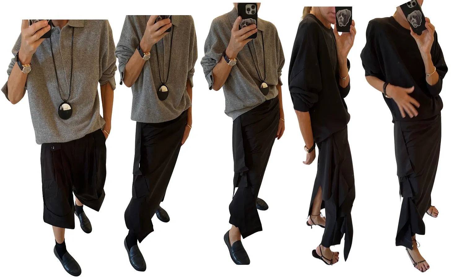 Person modeling different outfits with varying styles and colors.