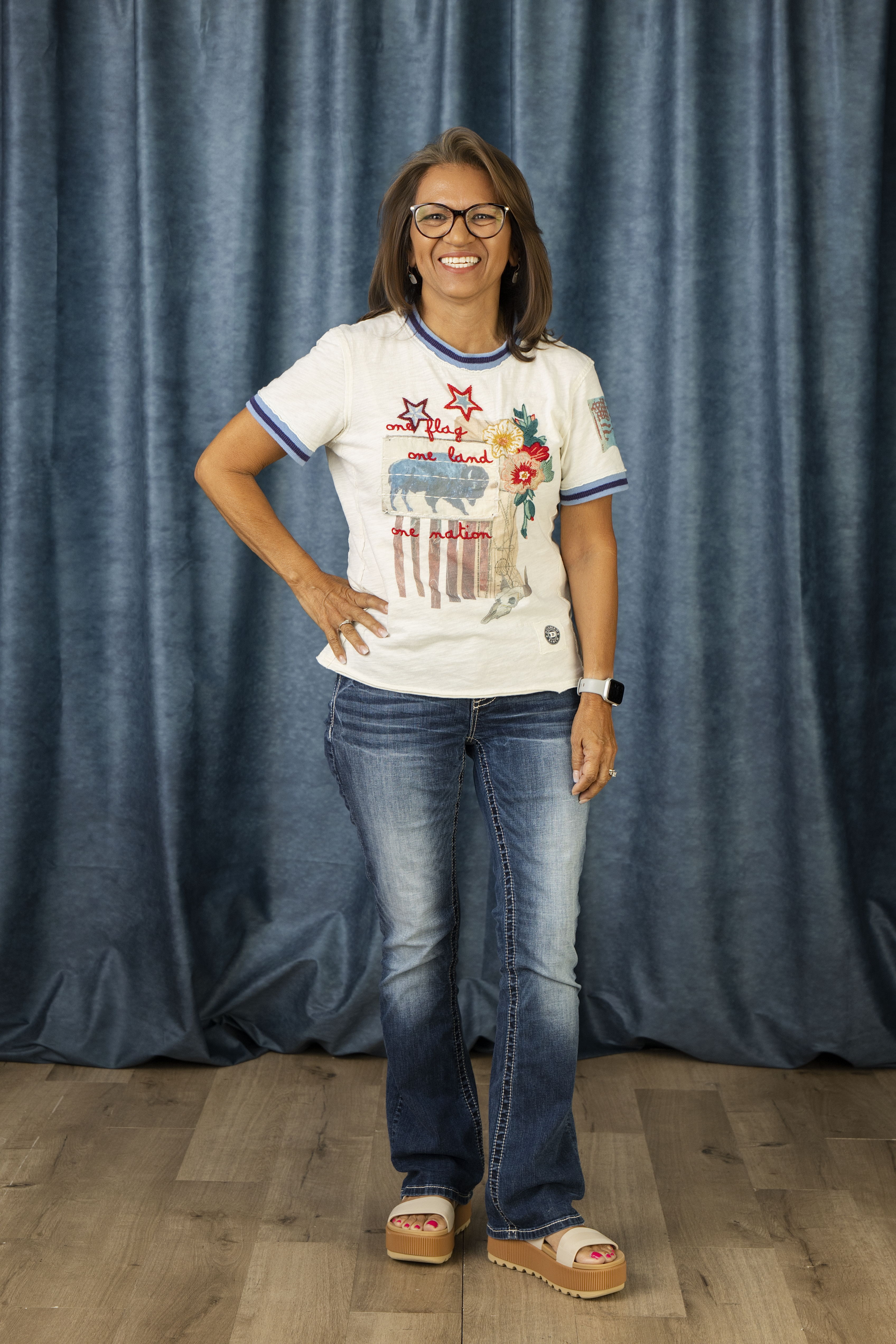Susan wearing the American Tapestry Tee