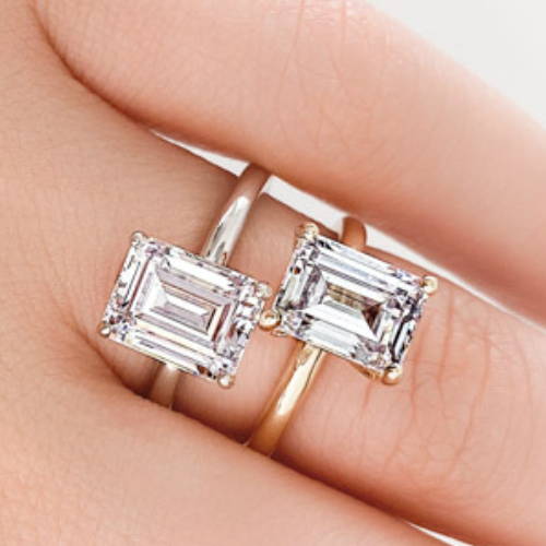 comparison of two emerald cut lab grown diamond engagement rings by MiaDonna