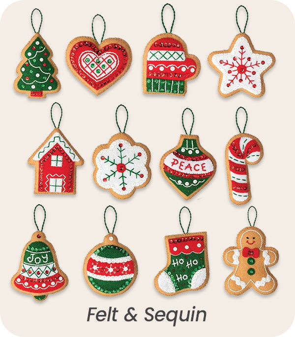 Christmas ornaments made of felt and sequins in various shapes.