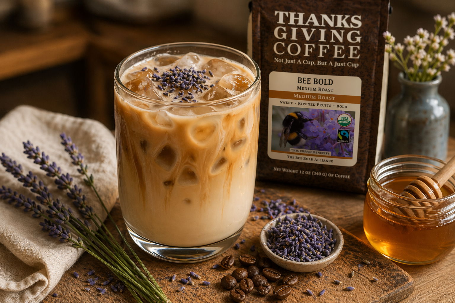 Iced coffee with lavender, honey, and coffee beans on a wooden table.