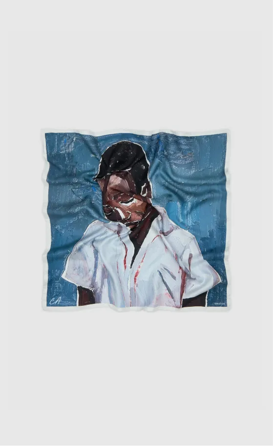 A wrinkled fabric print of a figure in a white shirt against a blue background.