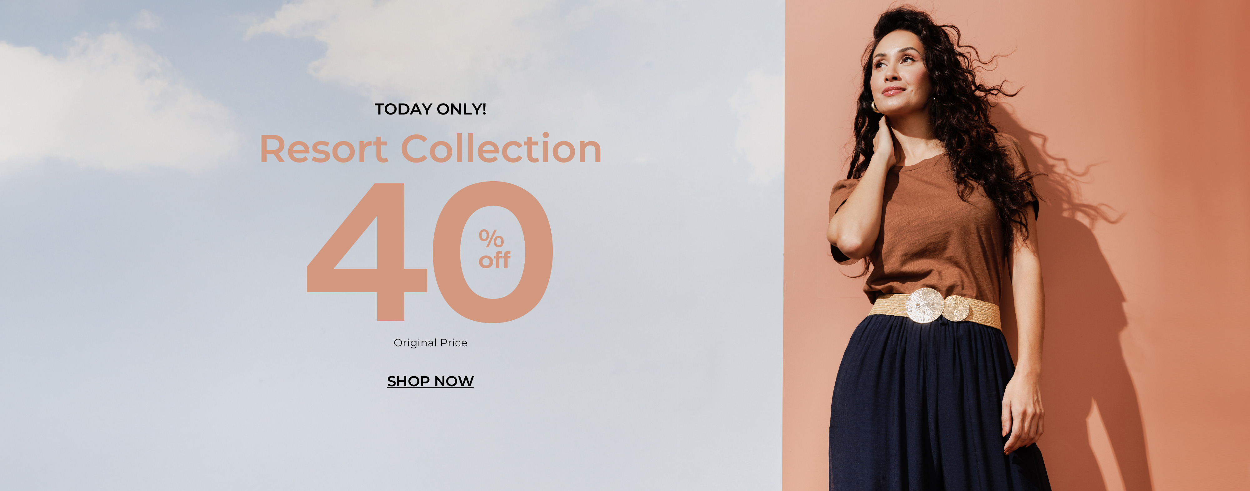 Woman in fashionable outfit against a peach wall with promotional text, Resort Collection 40% off.