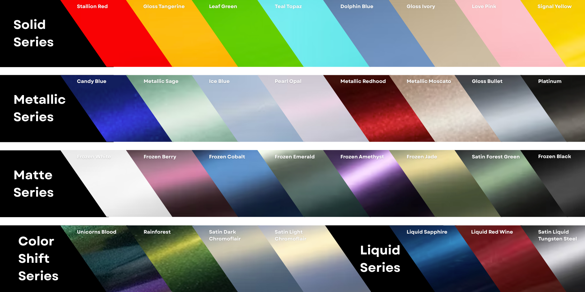 Pure PPF color options including solid series, metallic series, matte series, color shift series, and liquid series