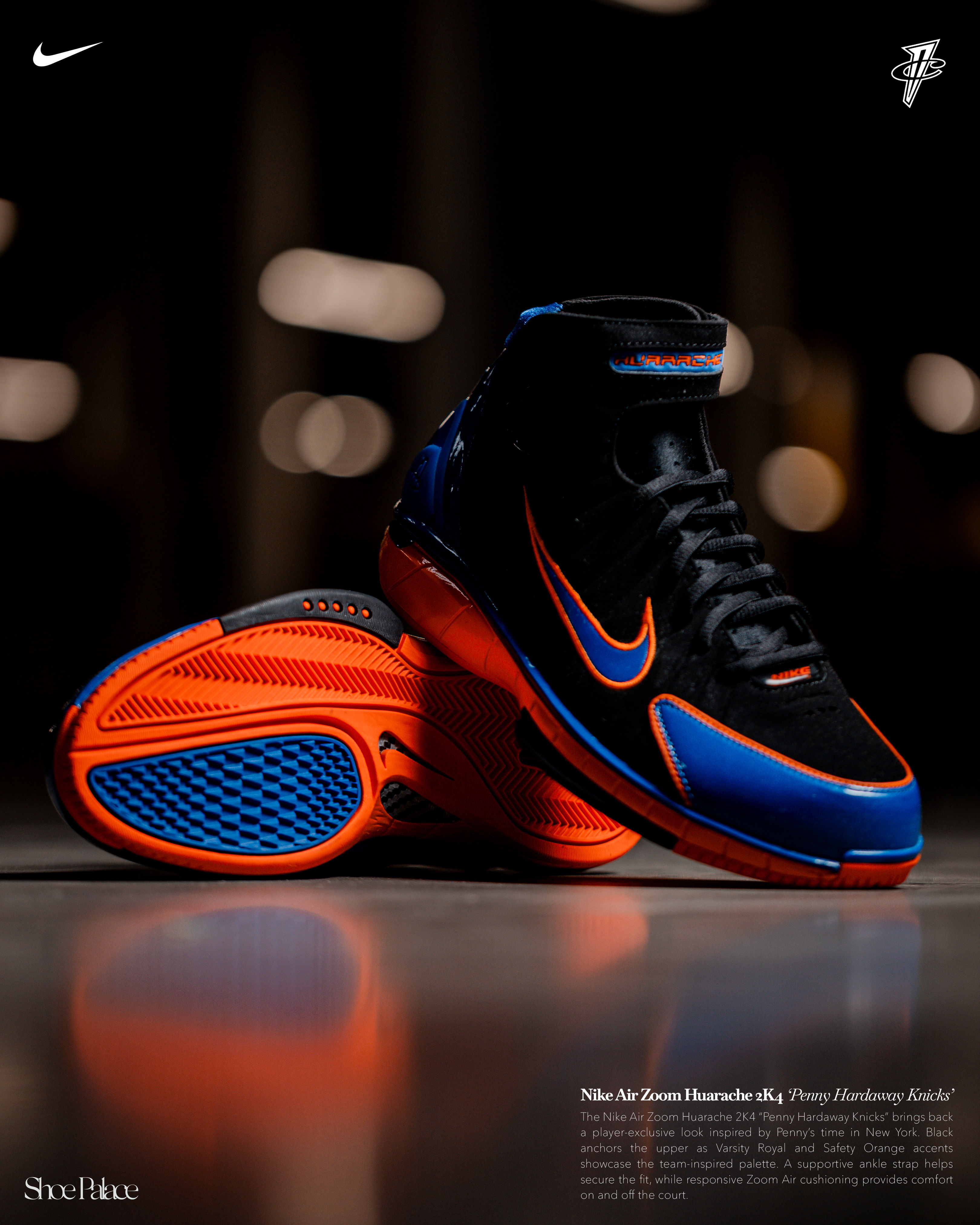 Nike basketball shoes displayed with vibrant colors on a blurred background.