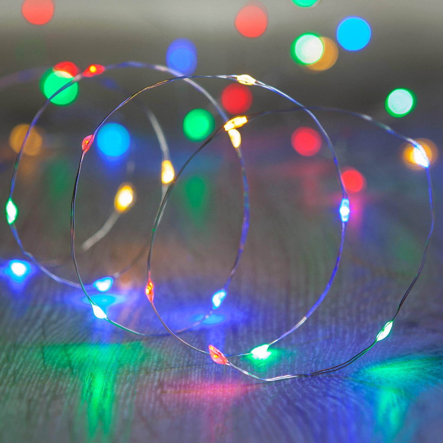 Multi coloured micro lights on a table