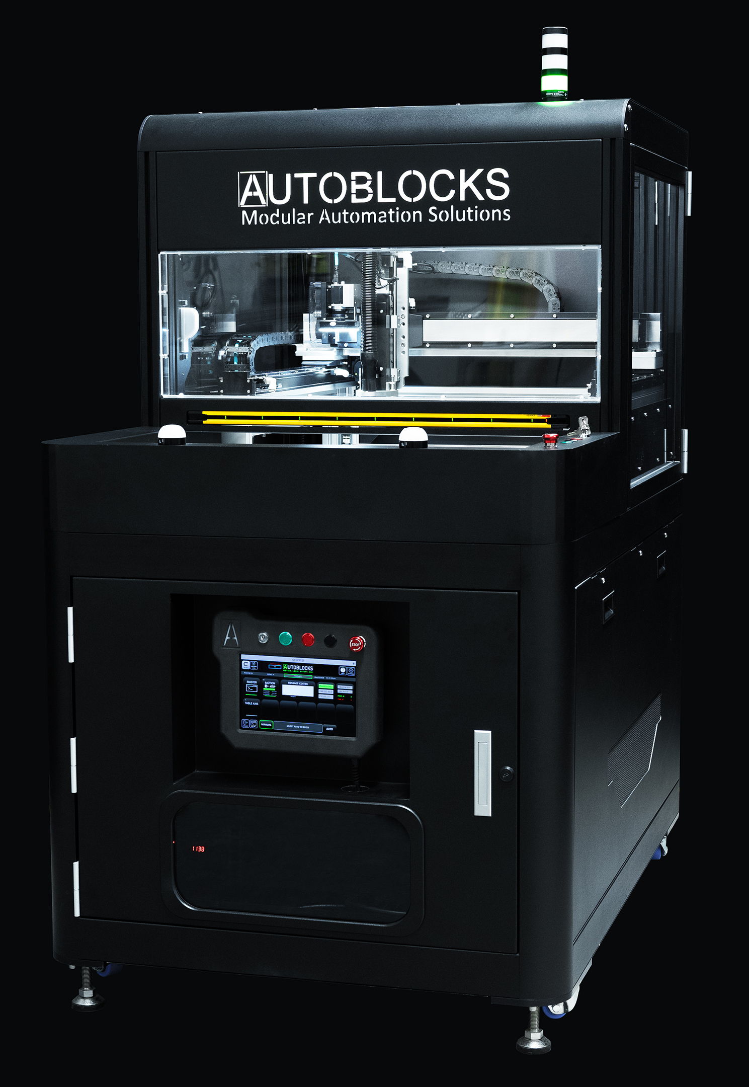 AutoBlocks AB-R1 PCB routing machine with single table for automated PCB depaneling. PCB Router with Teach Pendant ready