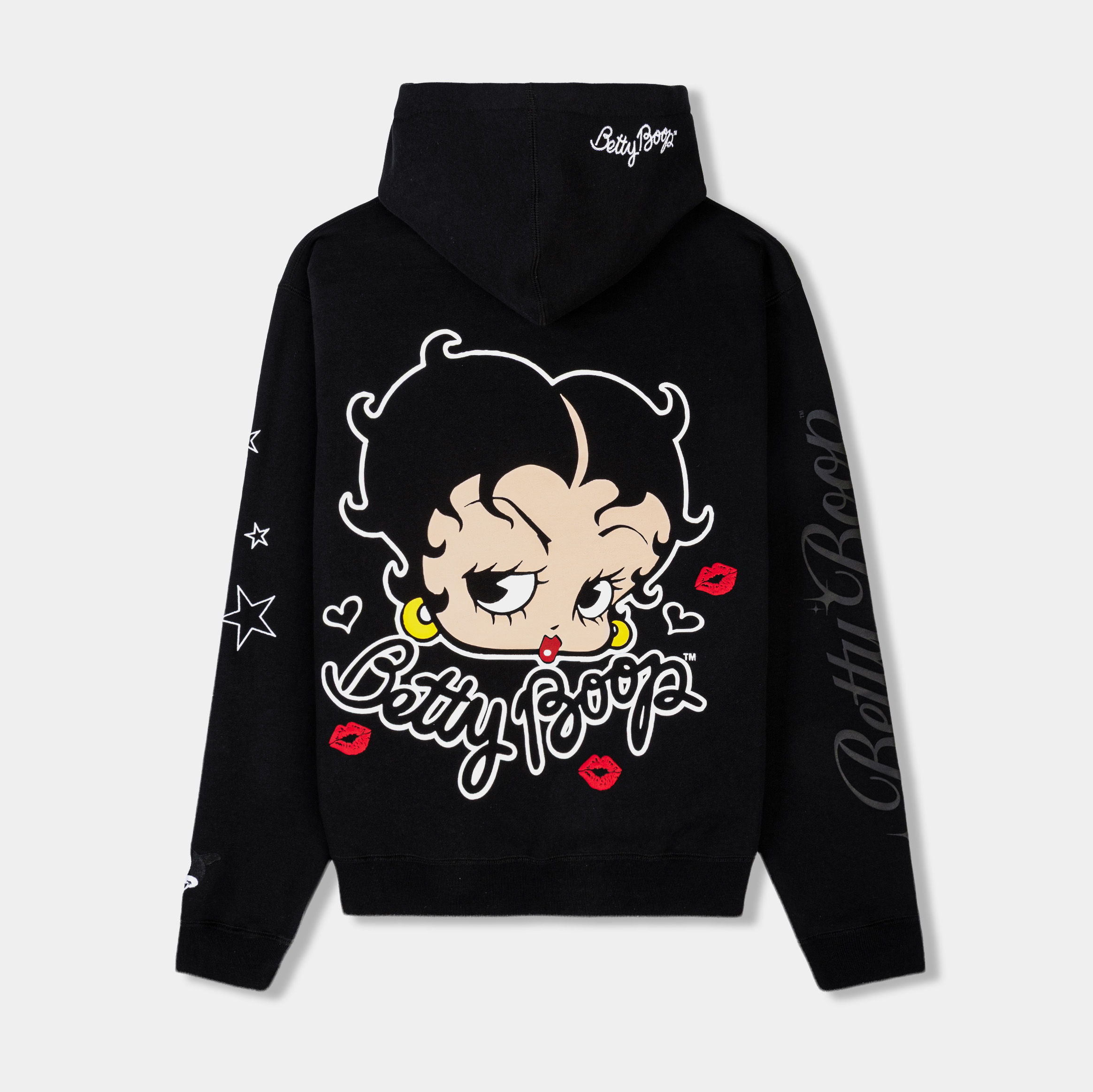 Black hoodie with graphic print on front and sleeves.