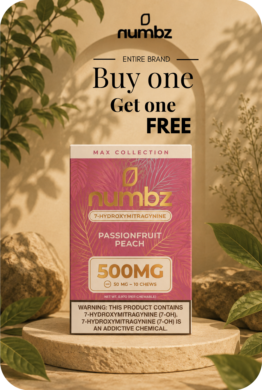 Numbz Passionfruit Peach product promotion, buy one get one free offer.