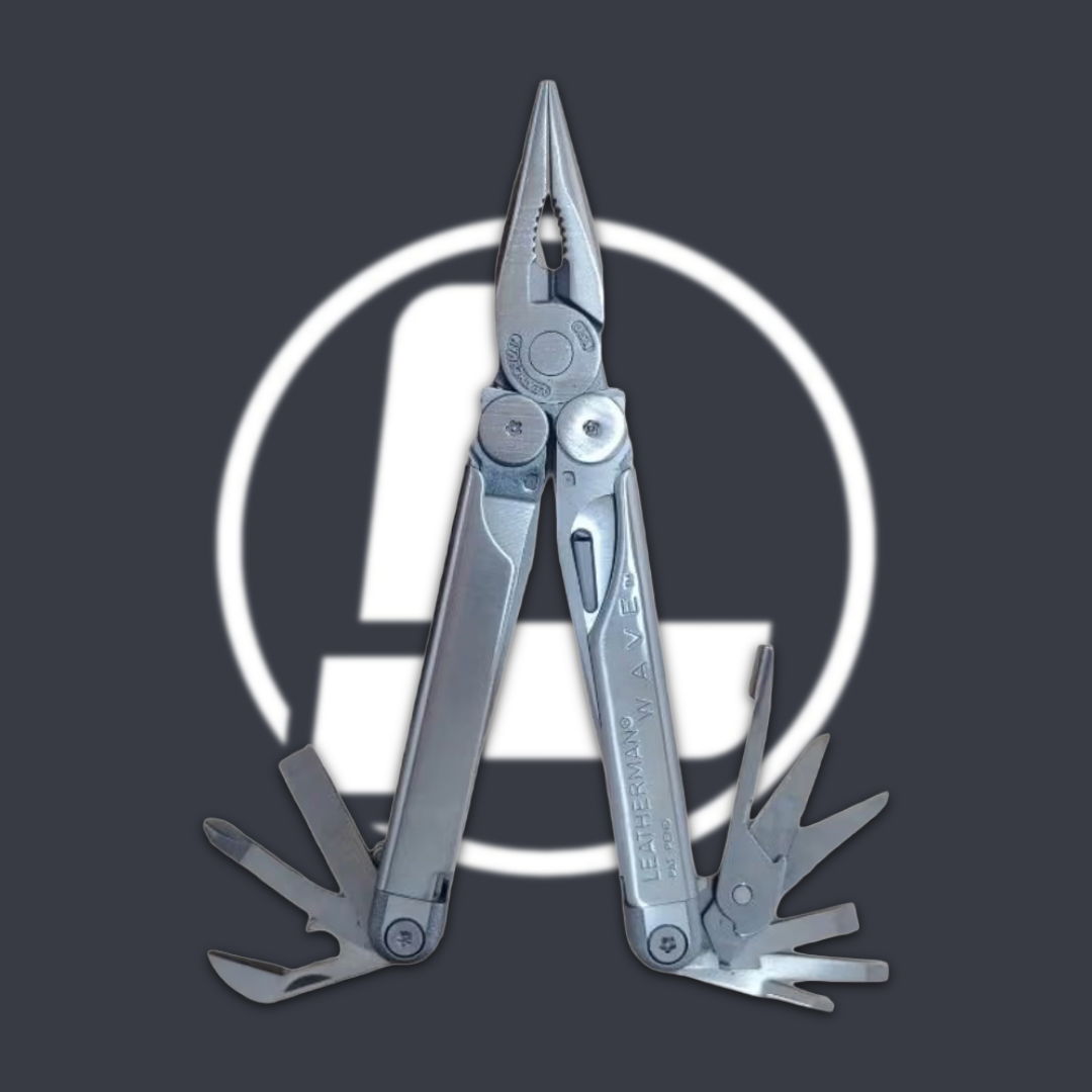 A multi-tool with pliers and various attachments on a dark background.