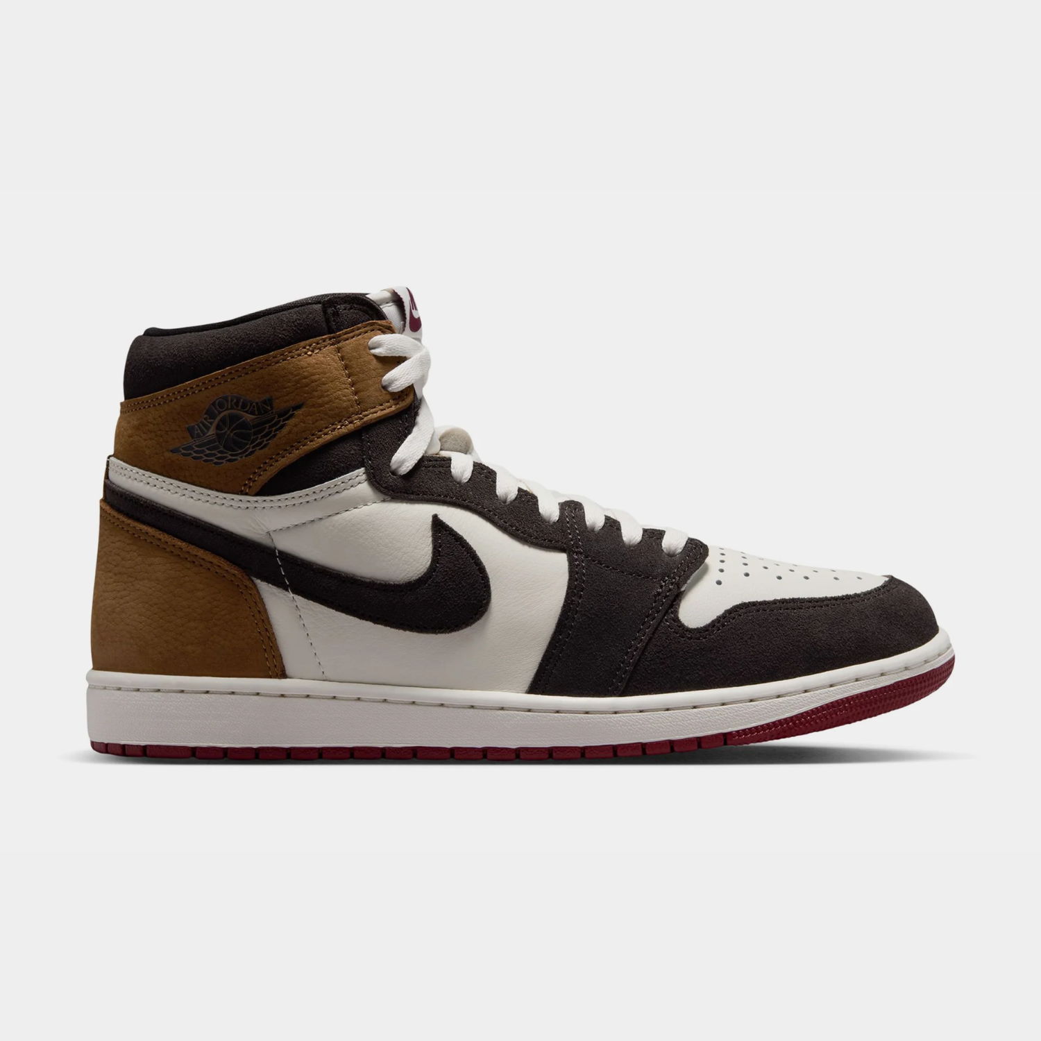 High-top sneakers with a mix of brown, white, and black colors.
