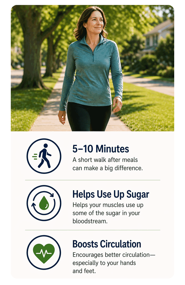 Person walking outdoors with health tips about walking after meals.