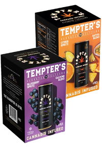 Two boxes of cannabis-infused beverages in blueberry and orange flavors.