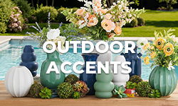 Colorful vases and flowers beside a pool, labeled 