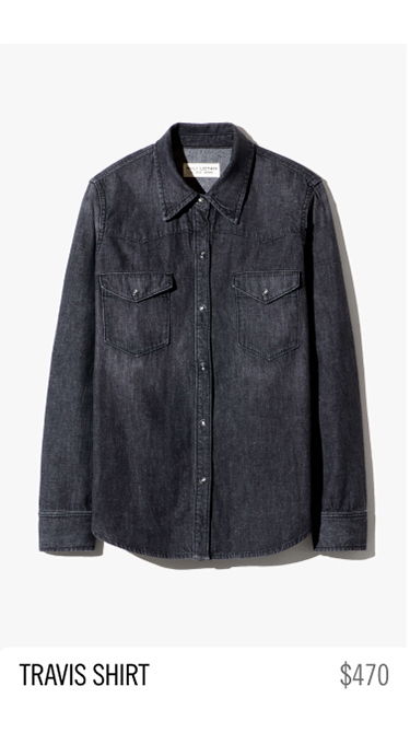 Dark denim shirt with two front pockets, labeled 