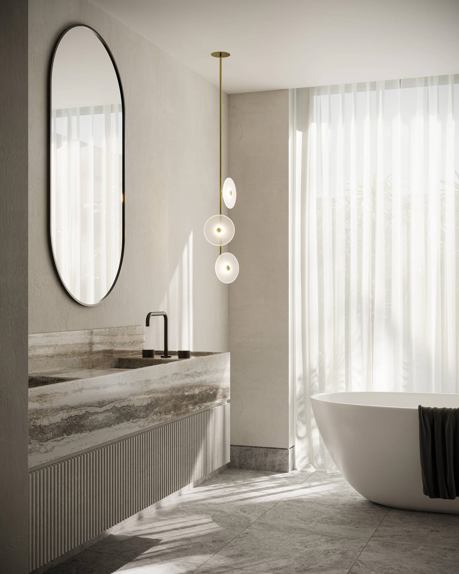 Coral Trio Hanging Pendant in a modern minimalist bathroom