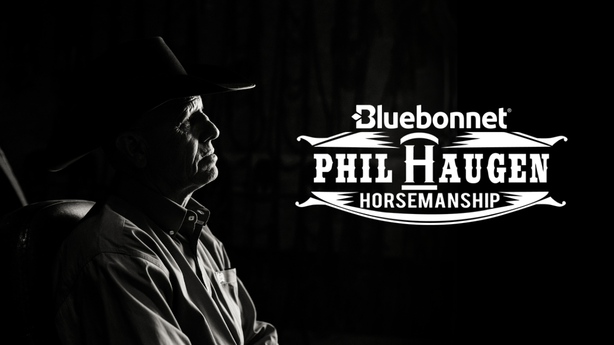 Black and white image of a man with a logo for Phil Haugen Horsemanship.