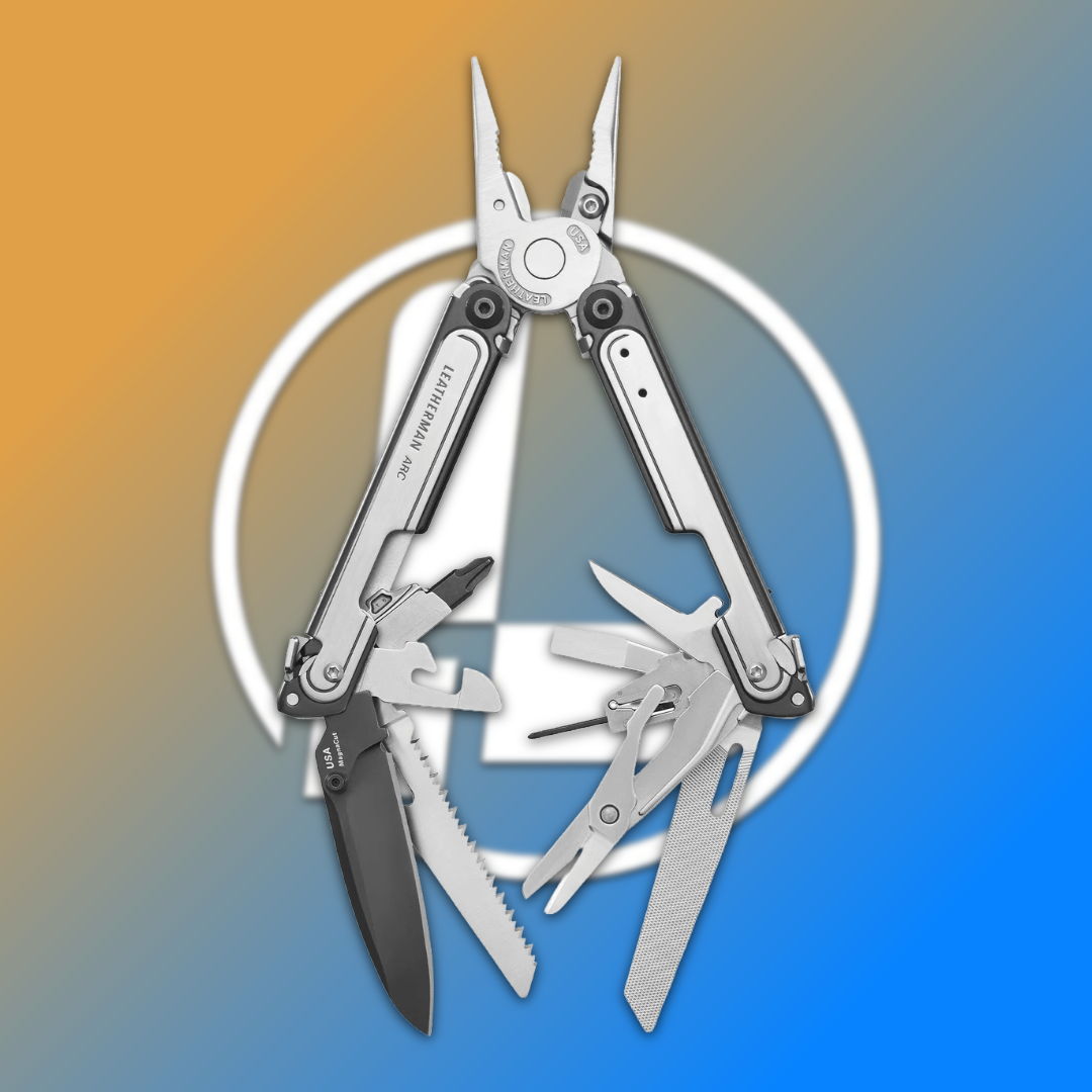 Multi-tool with various blades and tools over a colored background.