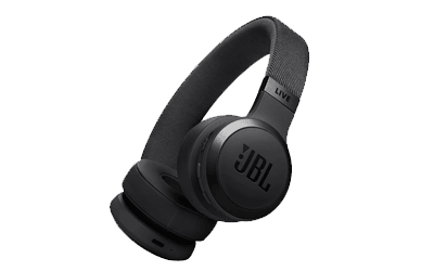 Black JBL wireless headphones on a white background.