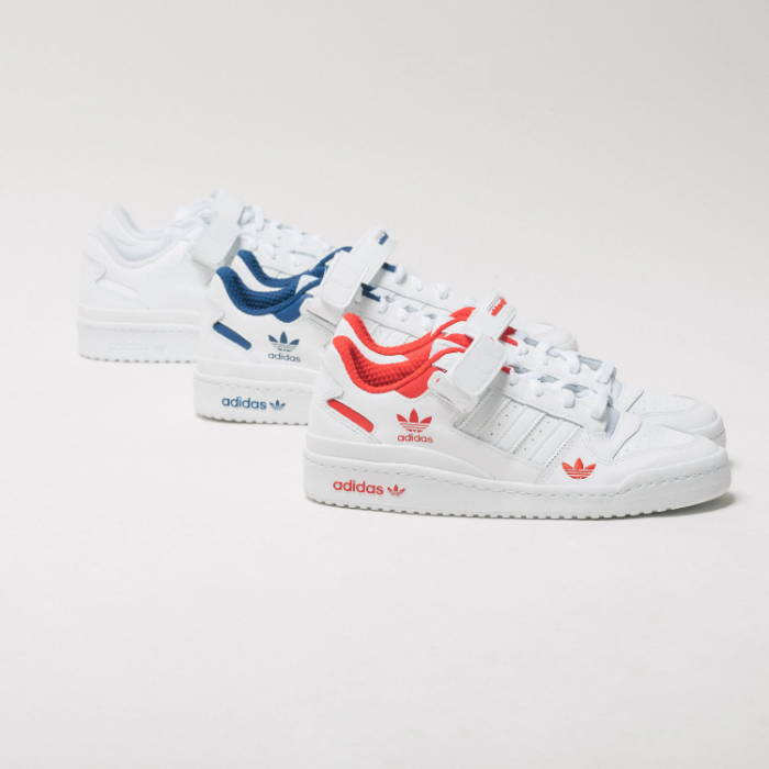 adidas forum in white, white and blue, and white and red