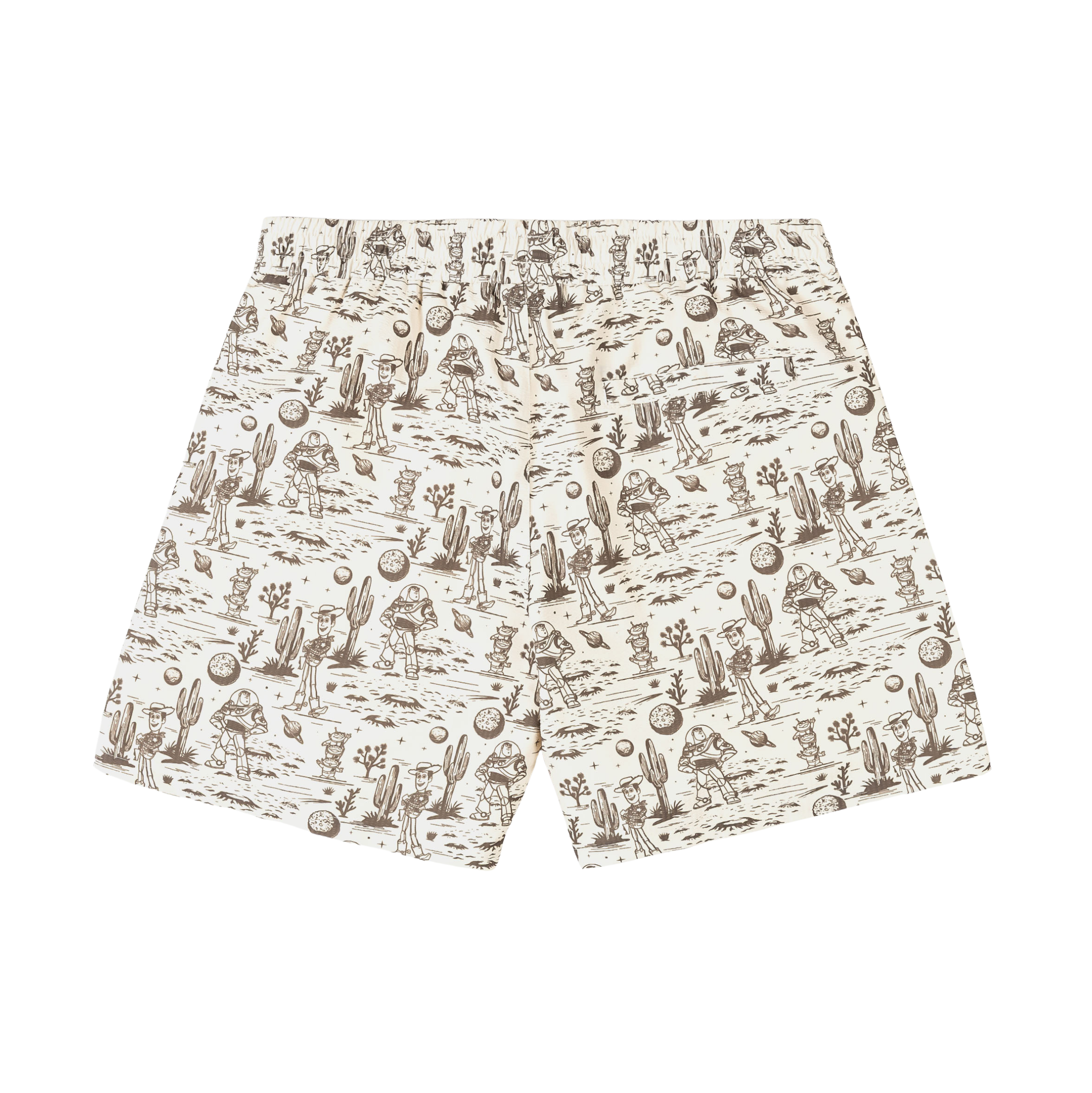 Patterned shorts with a light background and various designs.