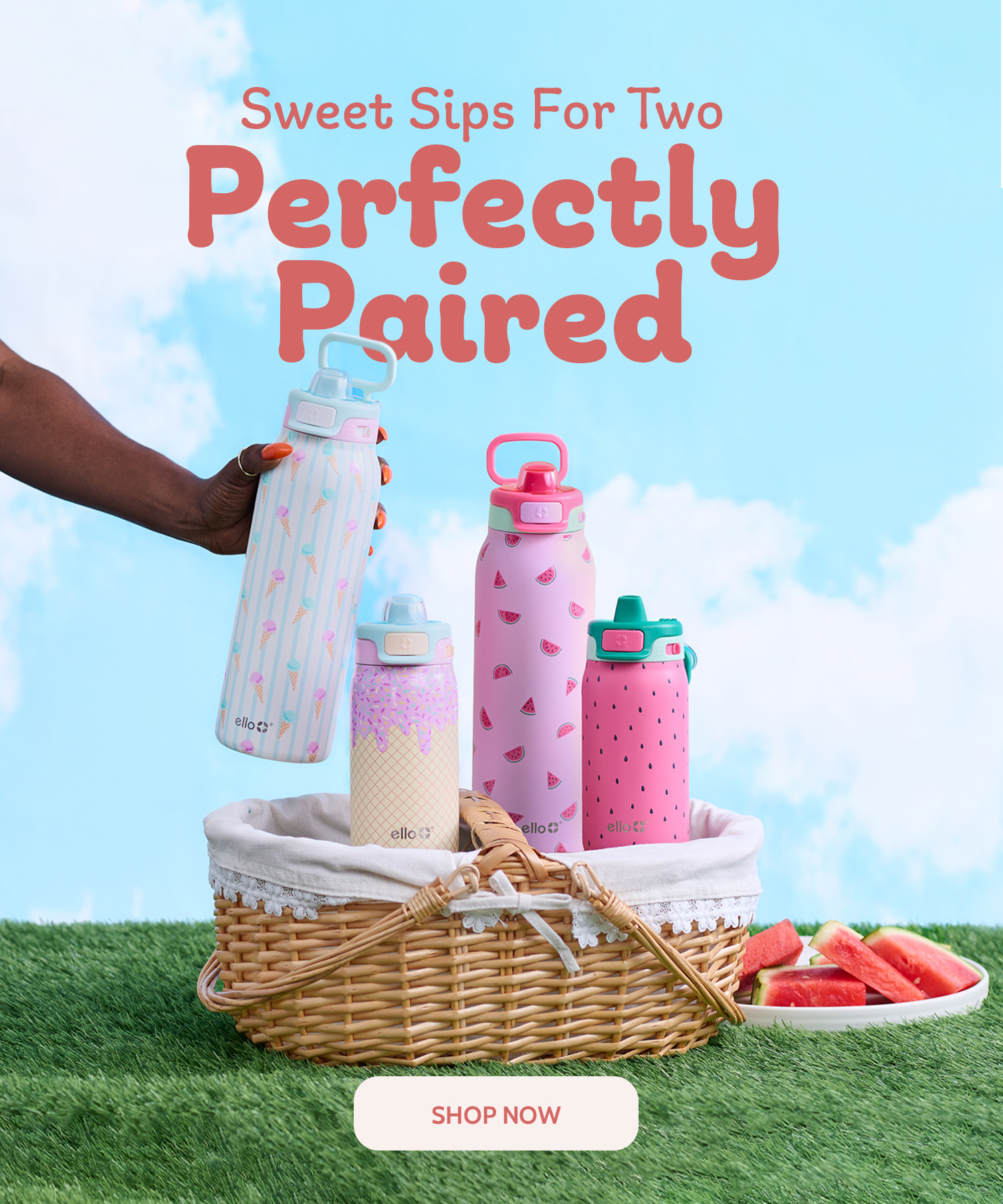 Sweet Sips For Two, featuring water bottles and a picnic basket on grass.