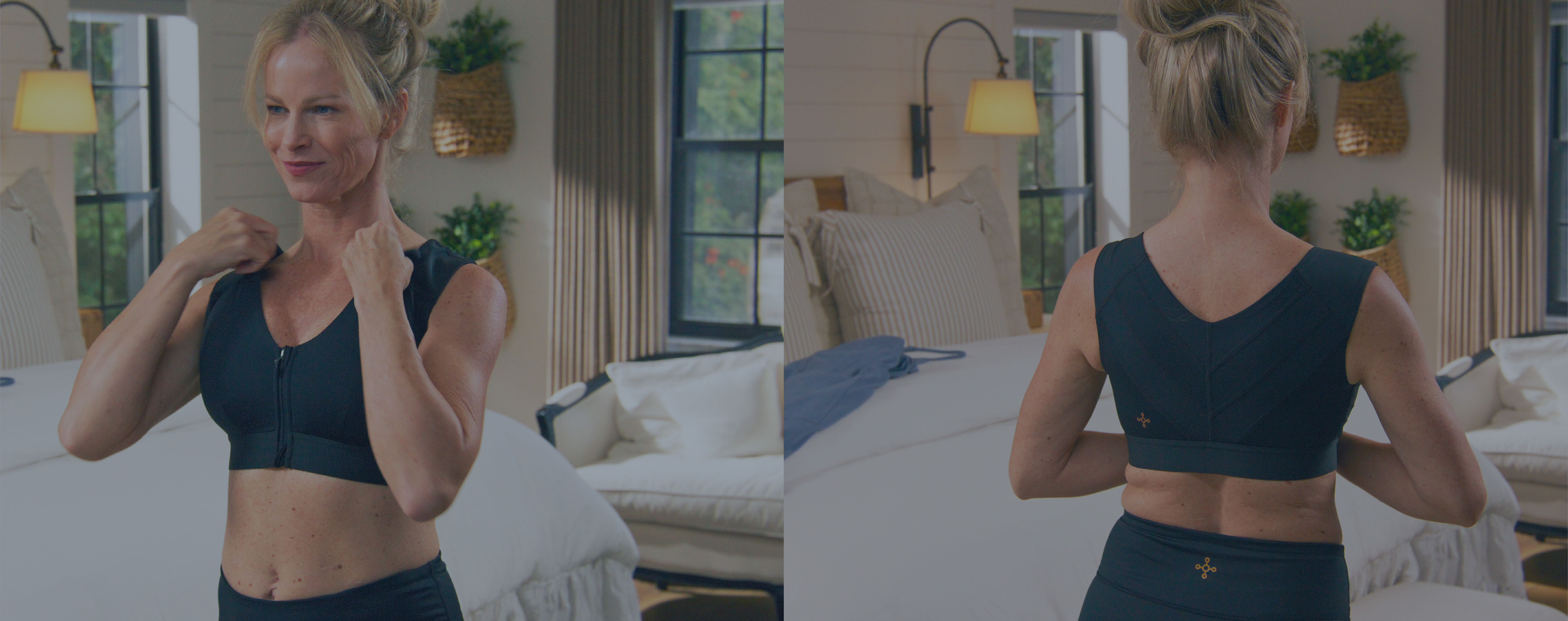 Woman putting on the Zip Up Shoulder Support bra in black 