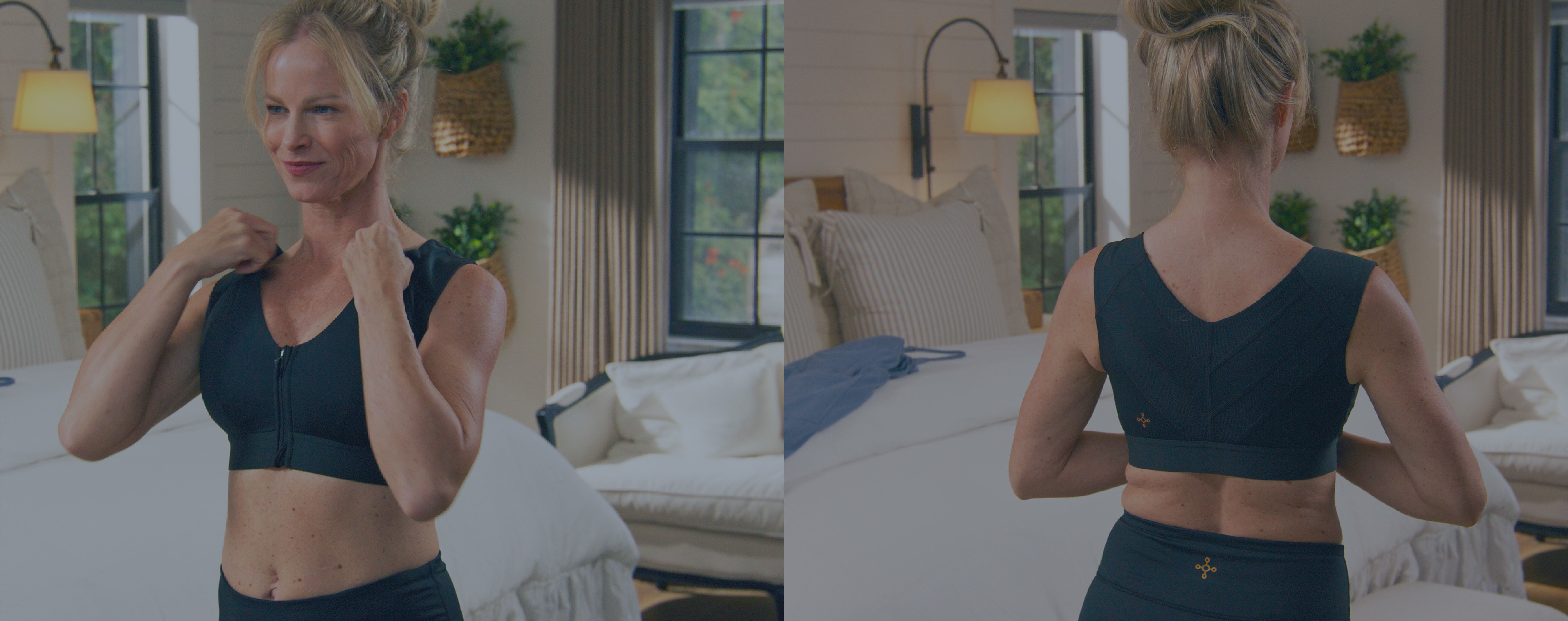 Woman putting on the Zip Up Shoulder Support bra in black 